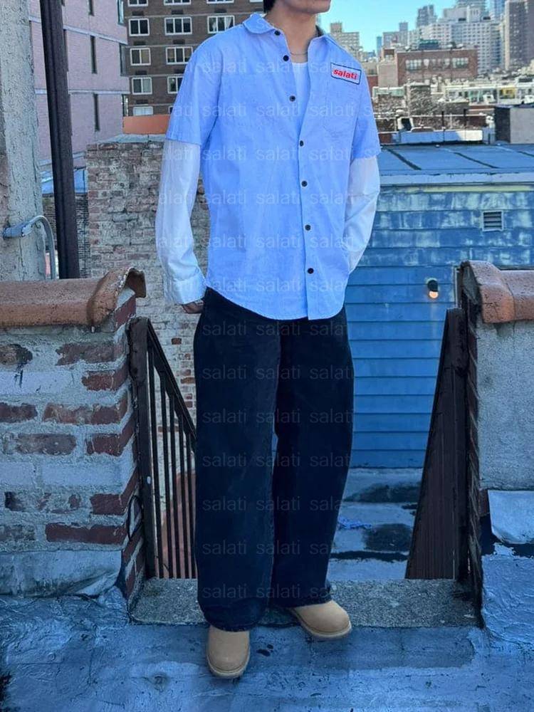 Custom Stripe Boxy Oversized Button Down up Embroidered Long Sleeve Thermal Tshirts Double Layer T-shirts Dress Work Shirts Men gallery 2