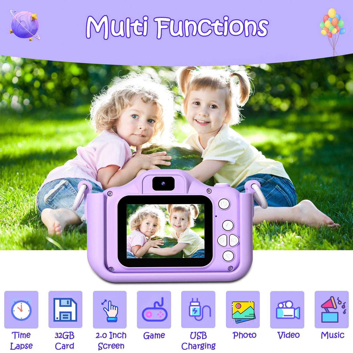 Cartoon Kids 2-Inch LCD Camera with 1080P Photo & Video MicroSD Built-In Games & MP3 for Ages 4-10