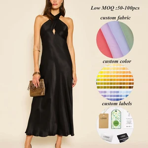 2026 New Design Women Elegant Evening Dresses Custom Halter Neck Backless Ladies Sexy Maxi Satin Dress