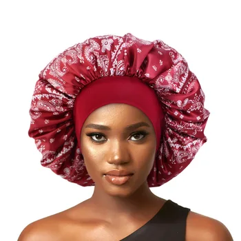 Songmay Custom Hair Bandanna Bonnet women satin Natural Hair Printed Sleeping elastic band Bonnets Custom Logo Satin Hair Bonnet