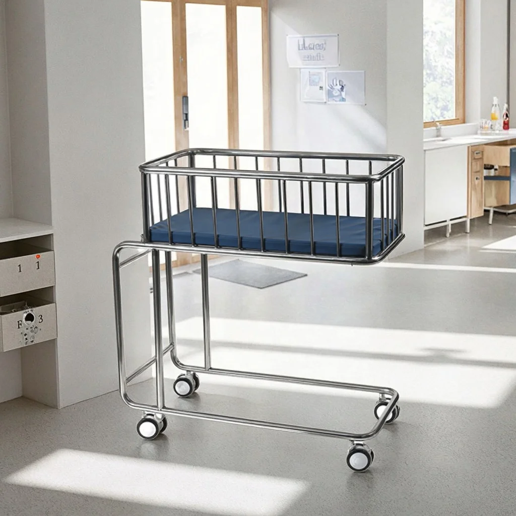 SUS304 Stainless Steel Medical Baby Crib Soft Leatherette Foldable Adjustable Durable Hospital Furniture Commercial School Use 5