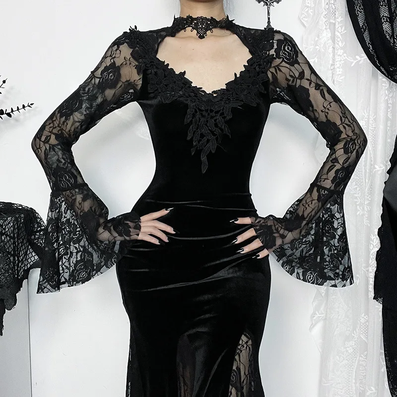 yellow midi lace dress Off-the-shoulder lace long midi dress 44 (FR) / Black