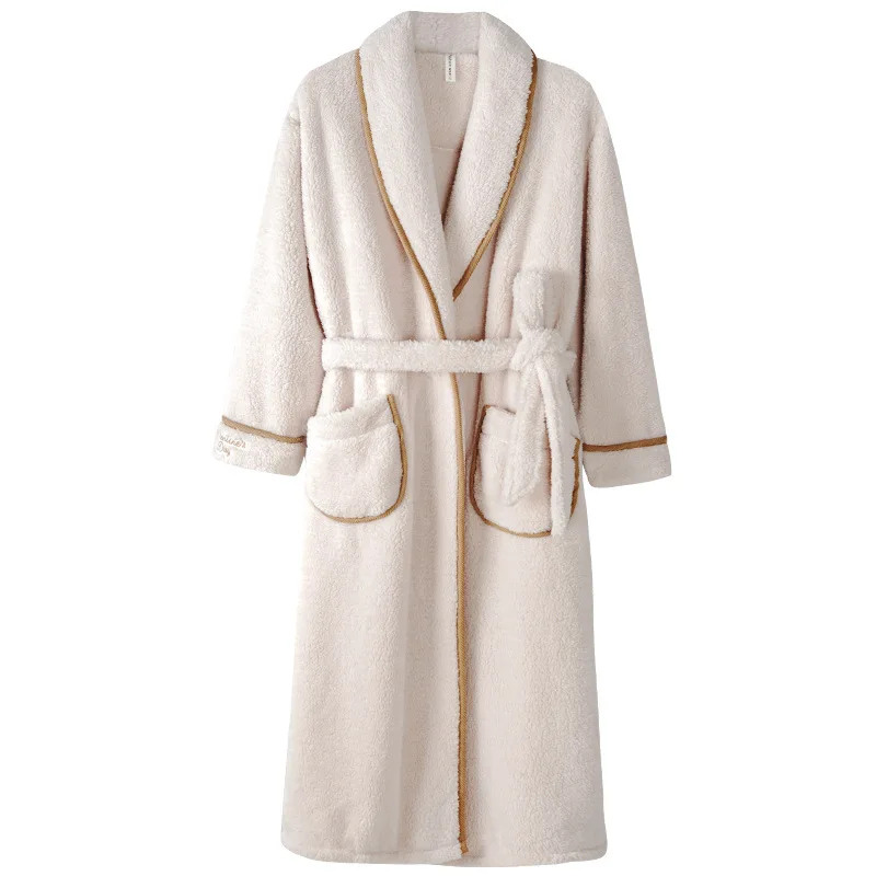Men and Women Long Coral Fleece Bathrobe Over-the-Knee Style Flannel Lining Plus Size Winter Couples