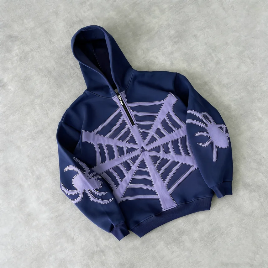 SALATI HighQuality OEM Wholesale Fashionable Casual Quarter Zip Spider Web Embroidered Cotton Blend Hoodie for Men Custom