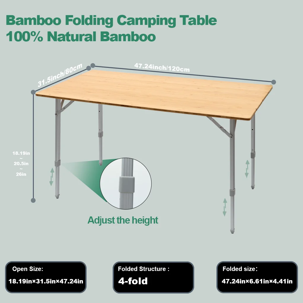 Bamboo Folding Camping Table, Portable Adjustable Height Picnic Table with 4-Fold Design for Outdoor, Beach, Garden, Travel