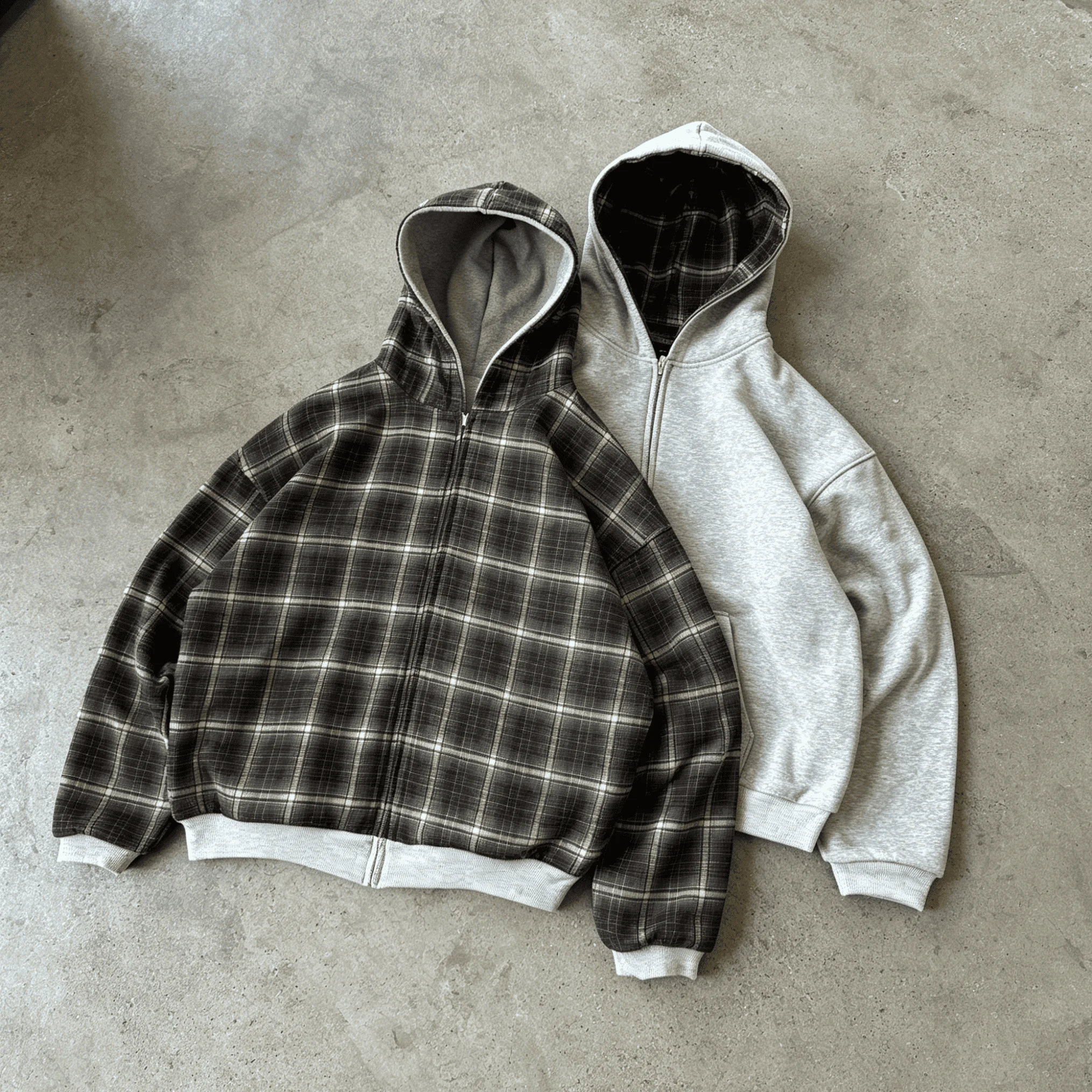 Custom Made Men's Reversible Flannel Checked Dropped-Shoulder Oversized Double-Zip Hoodie Y2K Streetwear gallery 8