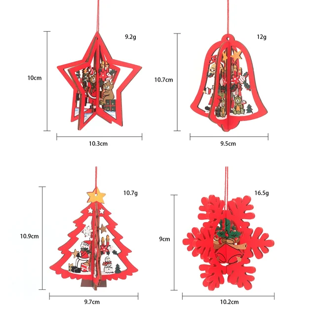 Christmas Santa Claus Gift 3D Bell Snowflake Crafts Christmas Tree Wooden Pendant decoration supplies