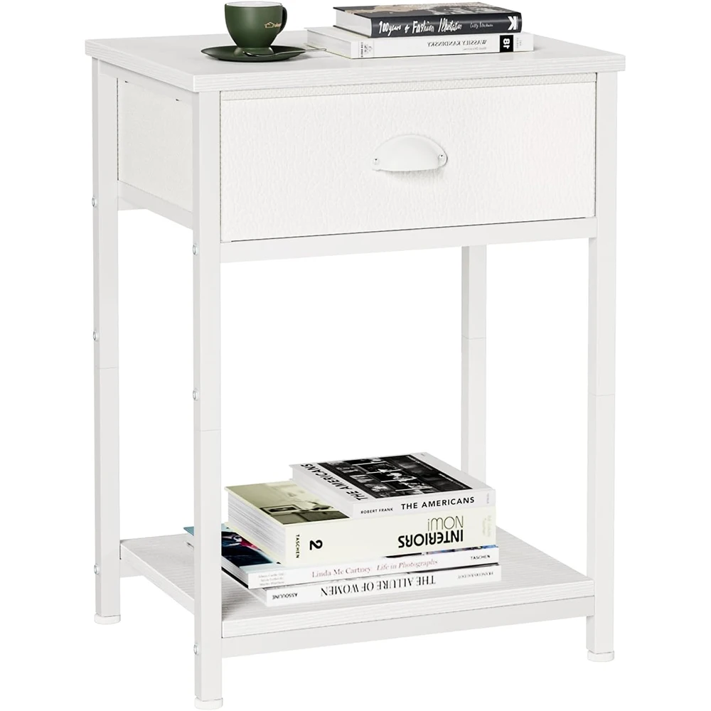 White Modern Wooden+Metal Nightstand with Fabric Drawer Small Side Table for Dorm & Home 2-Tier Storage Shelves