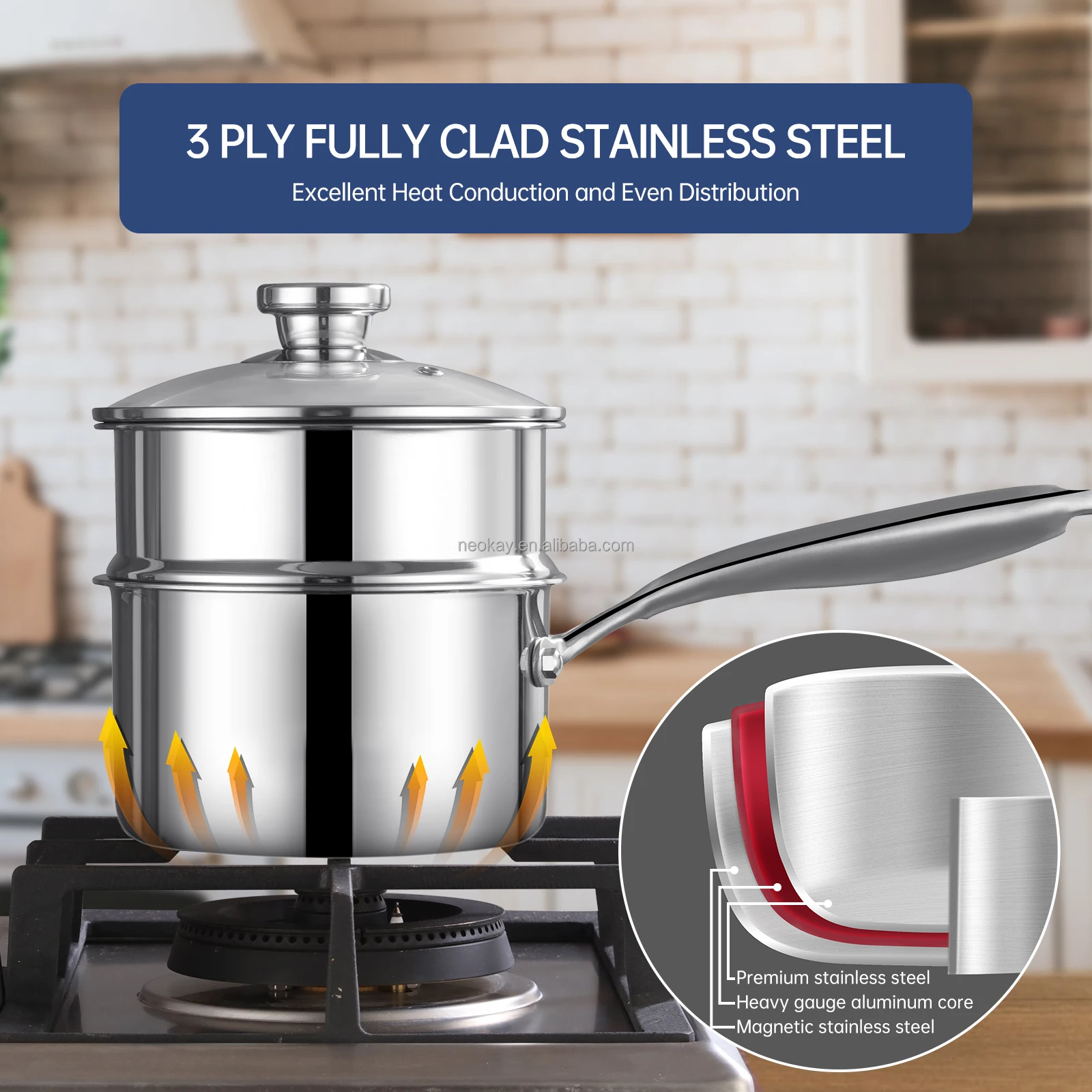 High Quality Three Layers Steamer Pot Stainless Steel Steamer Cooking Pot  Triple Sauce Pan with Cast Steel Handle - NEOKAY