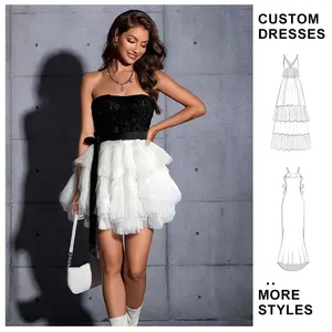 Custom Wholesale Summer Elegant Strapless Tunic Slim Casual Mini Dress for Women Sleeveless Empire Ruffled Mesh Dress White
