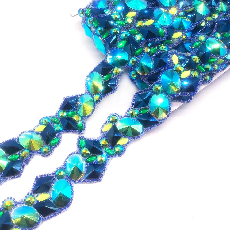 Multicolor Gel-back Iron on Trim Iridescent Hot Fix Rhinestone Trimming Applique for Carnival Kid Costume Design