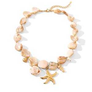 MW Trendy Summer Beach Choker Collar Jewelry Stainless Steel Necklace Beach Starfish Seashells Conch Pendant Necklace for Women