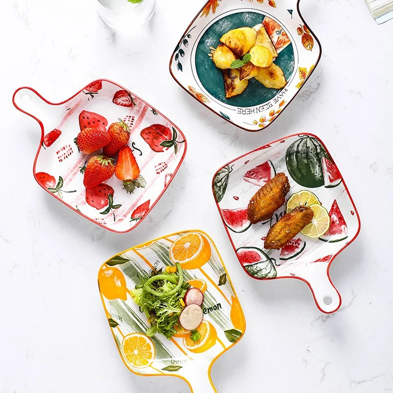 Nordic Style Fruit Pattern Ceramic Tableware Handle Cheese Baked Rice Plate Oven Available Western Food Dish