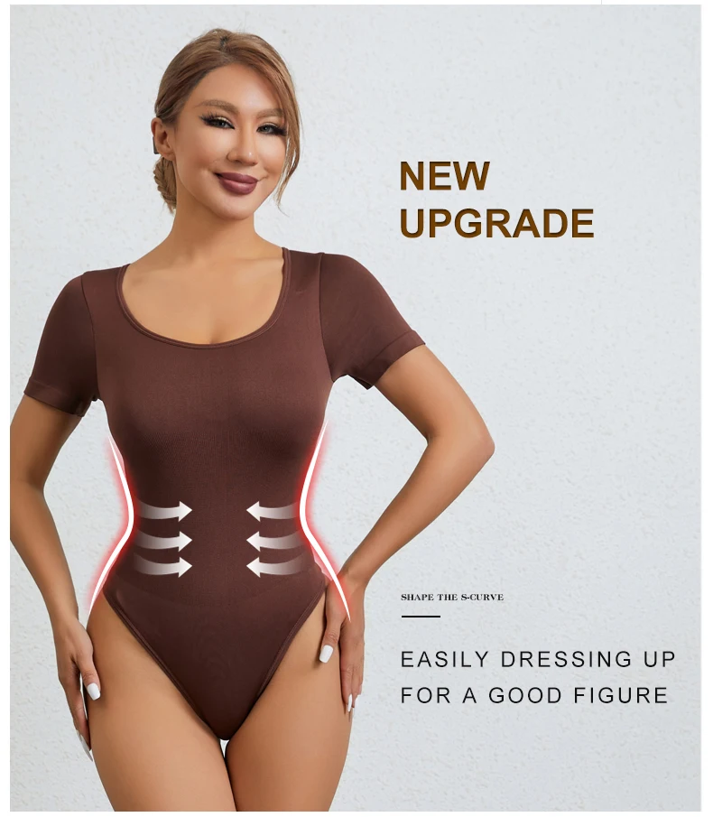 Custom Gym Women Round Neck Seamless Sleeved Thong Panties Tummy Control Shapewear Bodysuit Underwear Waist Trainer Shaper details