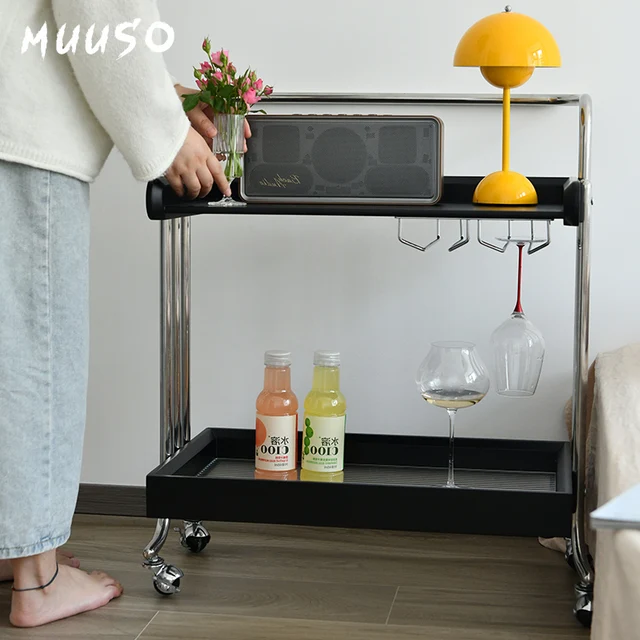 Medieval Style Solid Wood Trolley Side Table Stainless Steel Storage Rack Removable Snack Storage Corner Living Room Cabinets