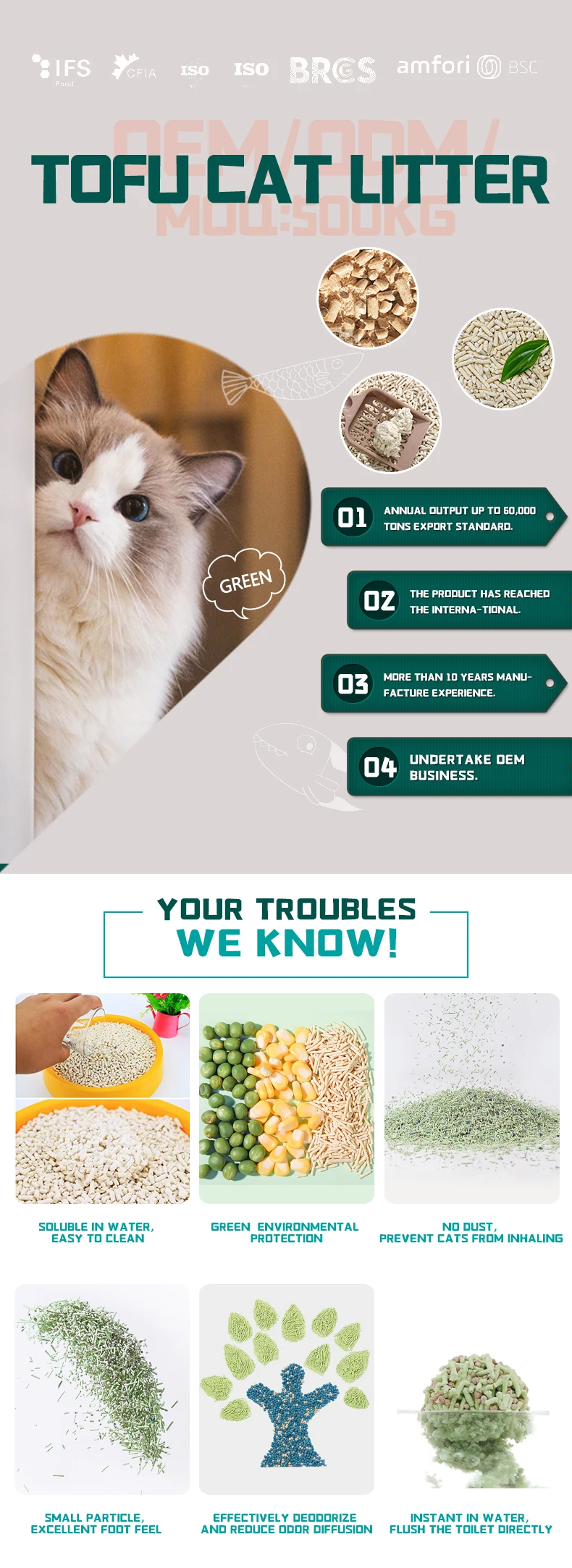 Eco Friendly 6l Tofu Cat Litters Biodegradable Fast Clumping Natural Green Tea Fresh Broken Tofu