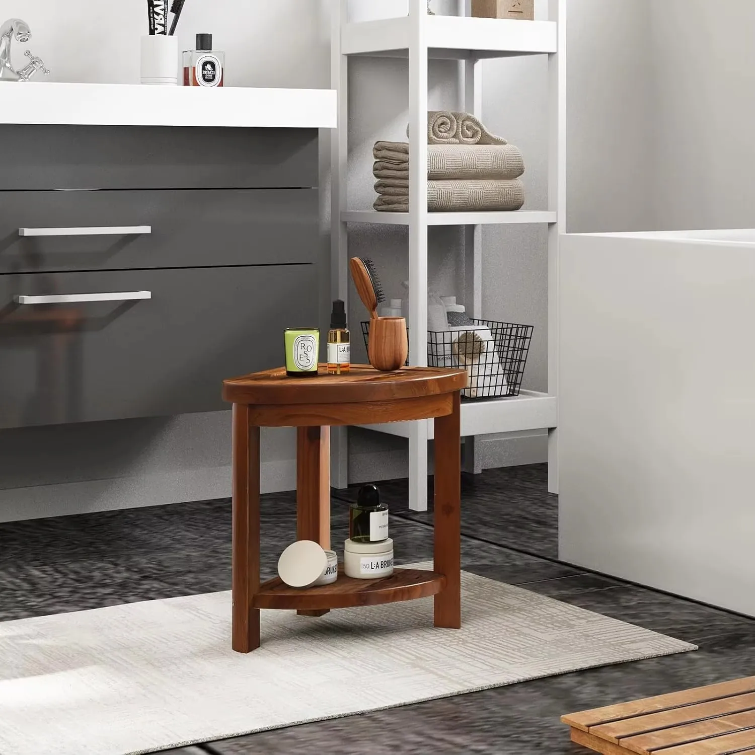product solid teak shower stool modern design small corner bench footrest heavy duty wood bathseat easy assembly shaving legs-2