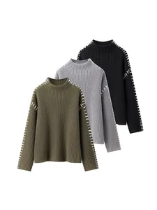 European American Cross-border Women's Acrylic Knitted Turtleneck Sweater Autumn Winter Casual Outerwear Warm Contrast Stitch
