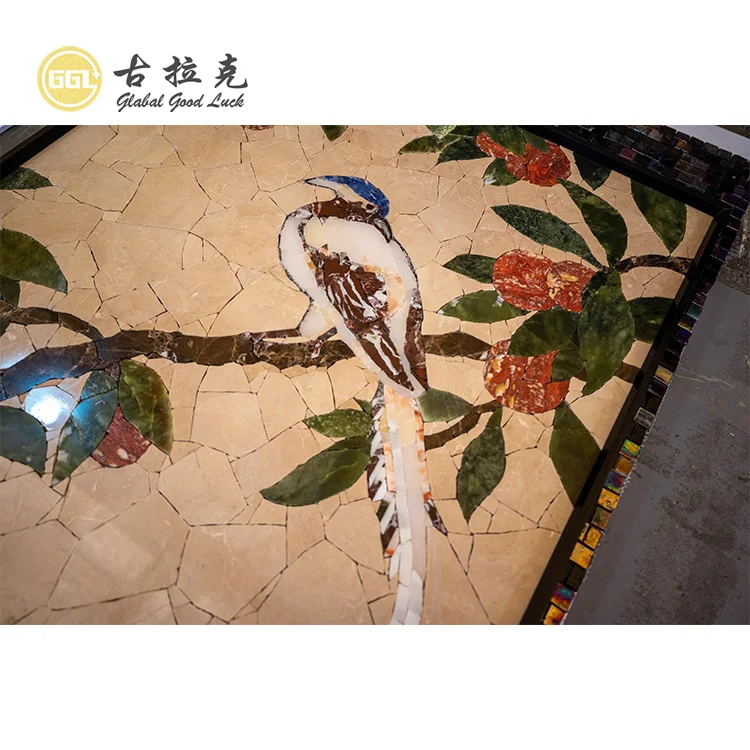 Colourful Handmade Flowers and Bird Marble Artistic Mosaic Painting Mural for Wall