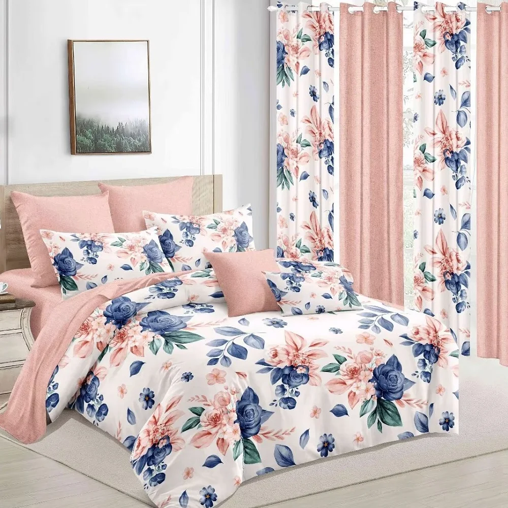 Wholesale Cheap Price 3d Digital Printed Bedroom Curtains Bed Sheets Bedding Set With Curtain