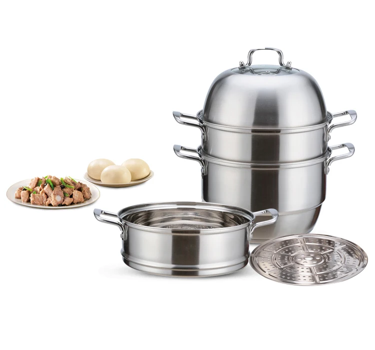 European style double handle thick and deepen double bottom stainless steel food steamer cookware set