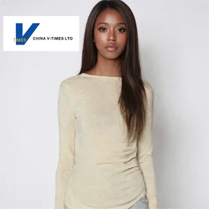 China V-Times Women's Asymmetrical Neck Knitted T-Shirt Autumn Design Solid Pattern with Lace Patchwork Loose Long Sleeve Top
