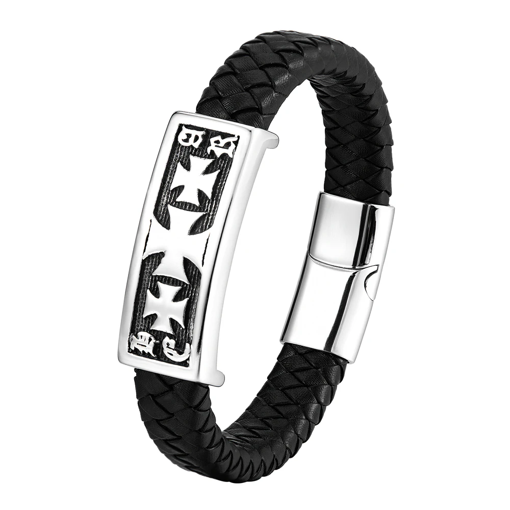 Jewellbox Men's Braided Leather Bracelet - Black, Stainless Steel Magnetic Clasp, 21cm (8.2") - View #7