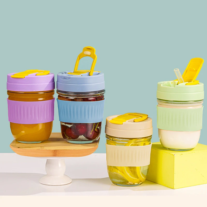 DS2244  Glass Food Storage Containers Travel Coffee Tumbler Mug Mason Jars for Overnight Oats Container Travel Cup with Straw
