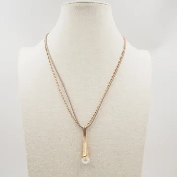 Fashion Rose Gold Leather Metal Bead Chain Simple Pearl Pendant Necklace