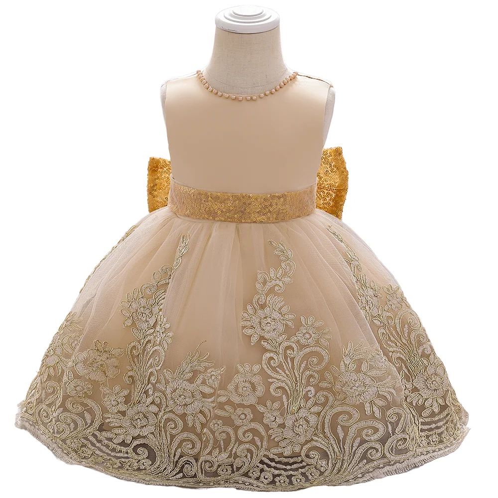 Gold Clothes Kids Elegant Bling Bow Dress for Parties