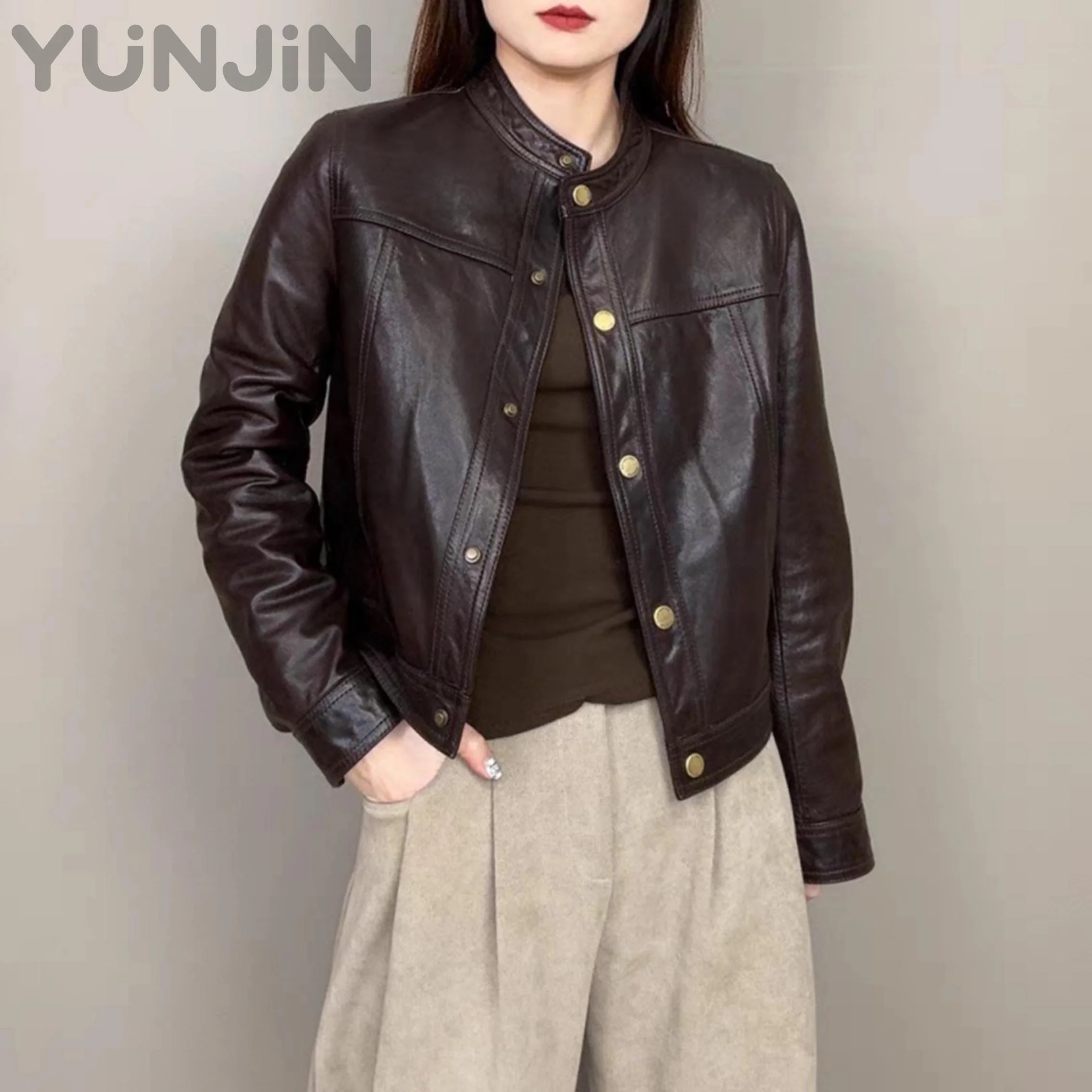 Women Vegetable Tanned Sheep Leather Jacket Round Neck