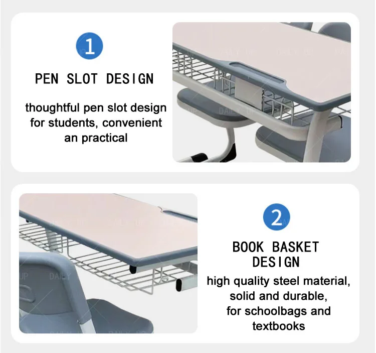 Sled Double Study Desk And Chair Set With Large Drawer Metal Frame Ergonomic Student Chair For Classroom Reading Room