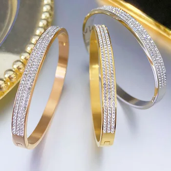 Popular Fashion Stainless Steel Rose Gold Jewelry Bracelet Custom Three Row Zircon Inlaid Bangle For Women