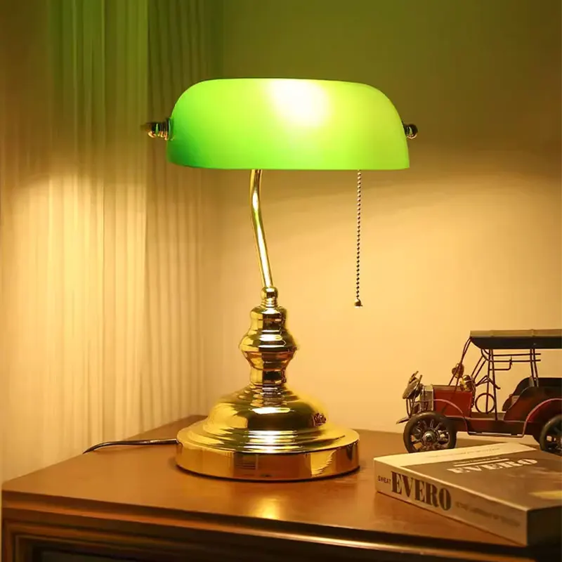Classical Vintage Banker Lamp with Switch Green Glass Lampshade Cover Desk Lights for Bedroom Reading  Table Lamp Bed Side Lamp