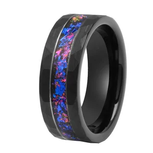 8mm Black Tungsten Ring with Crushed Alexandrite and Dark Blue Purple Crushed Stone Men Nebula Tungsten Ring
