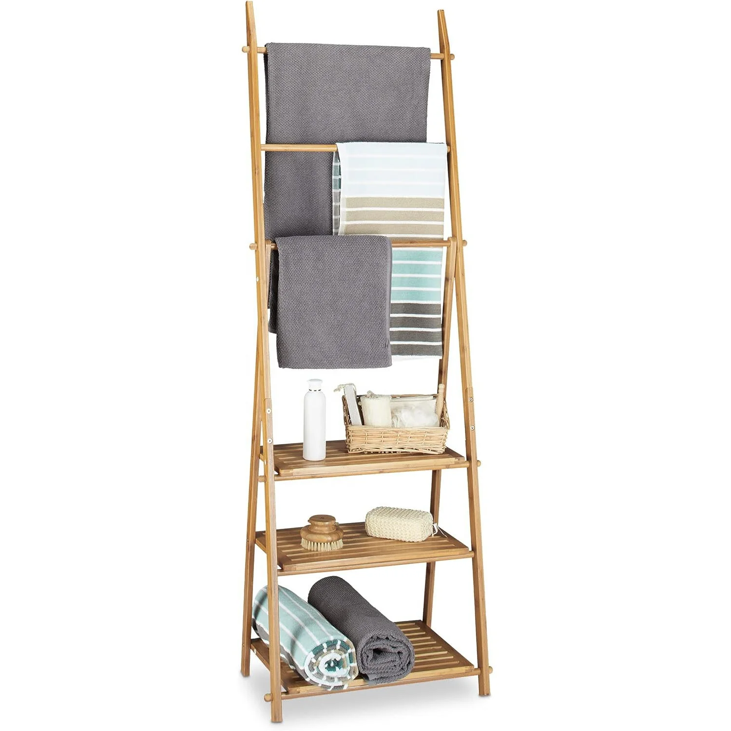 Bamboo Ladder Towel Rack with Storage Shelf 6-Tier Bathroom Ladder Towel Rack Bamboo Drying Stand | Homex_BSCI Factory