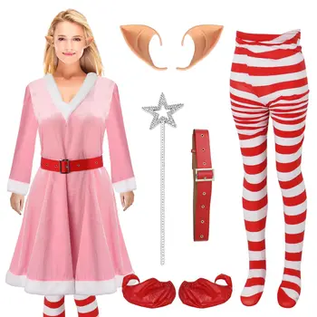 Pink Christmas Elf Costume Set Women Velvet Dress with Belt Women's Xmas Striped Tights Christmas Hat Set Cosplay