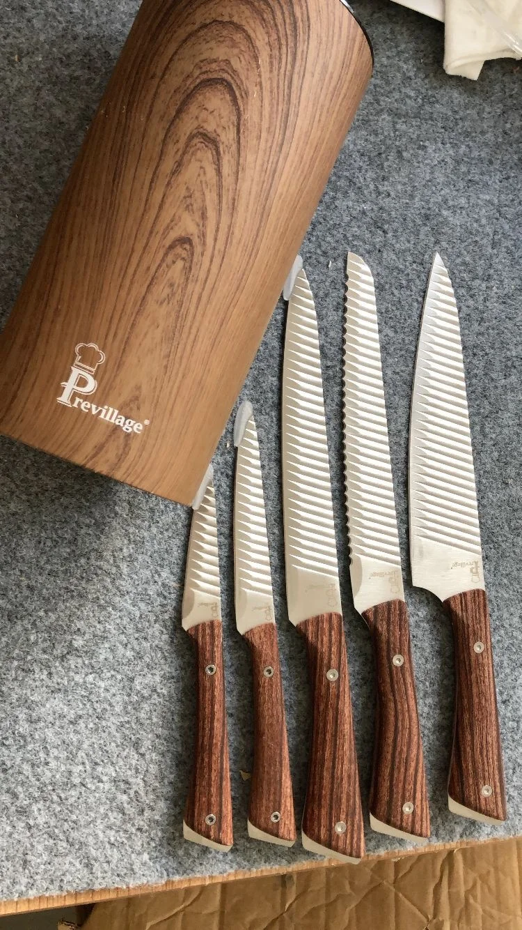 5 Pieces Kitchen Knife Set With Knife Block All Wood Like Coating Wood