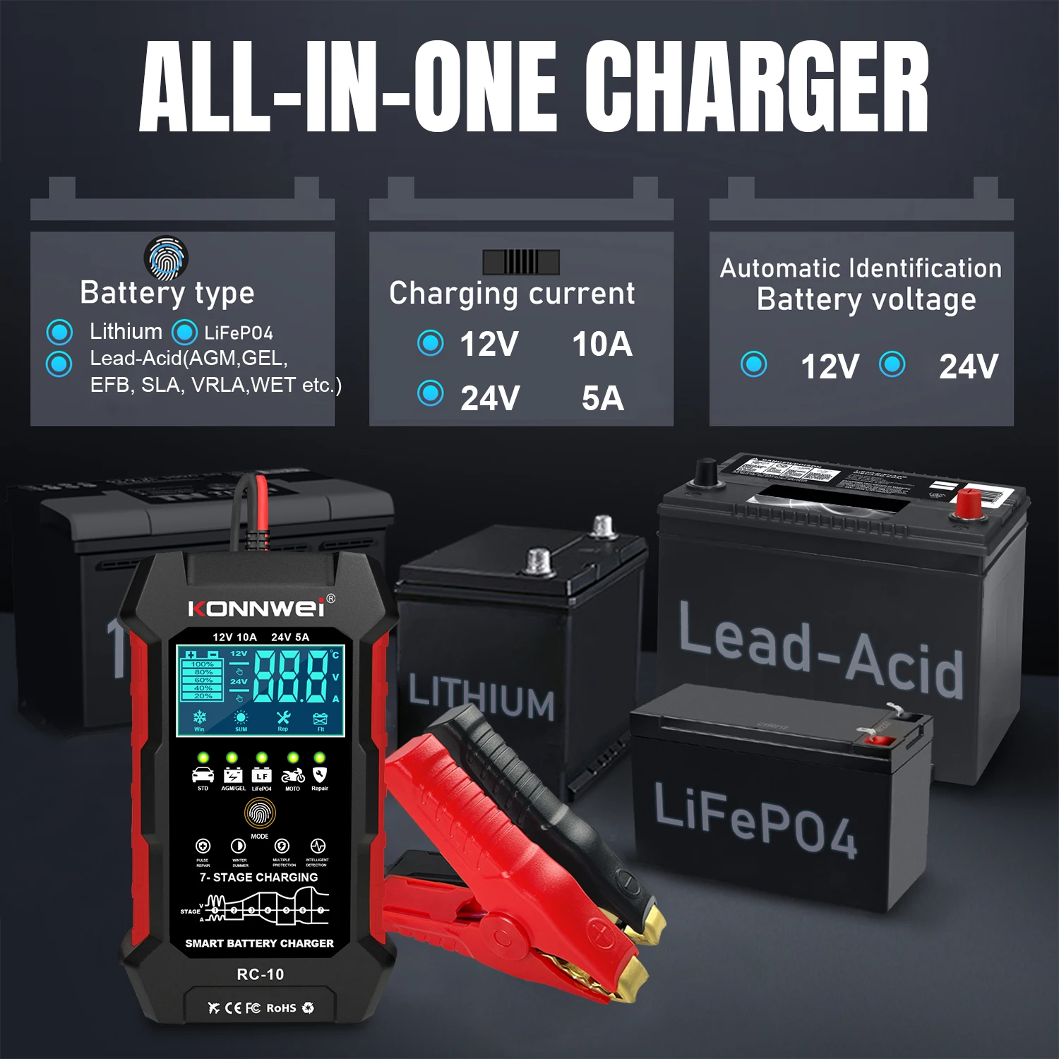 12V Smart Automatic Battery Charger & Maintainer - 6A Peak, For Car, Truck, Motorcycle, Boat (AGM, LiFePO4, Lead Acid)
