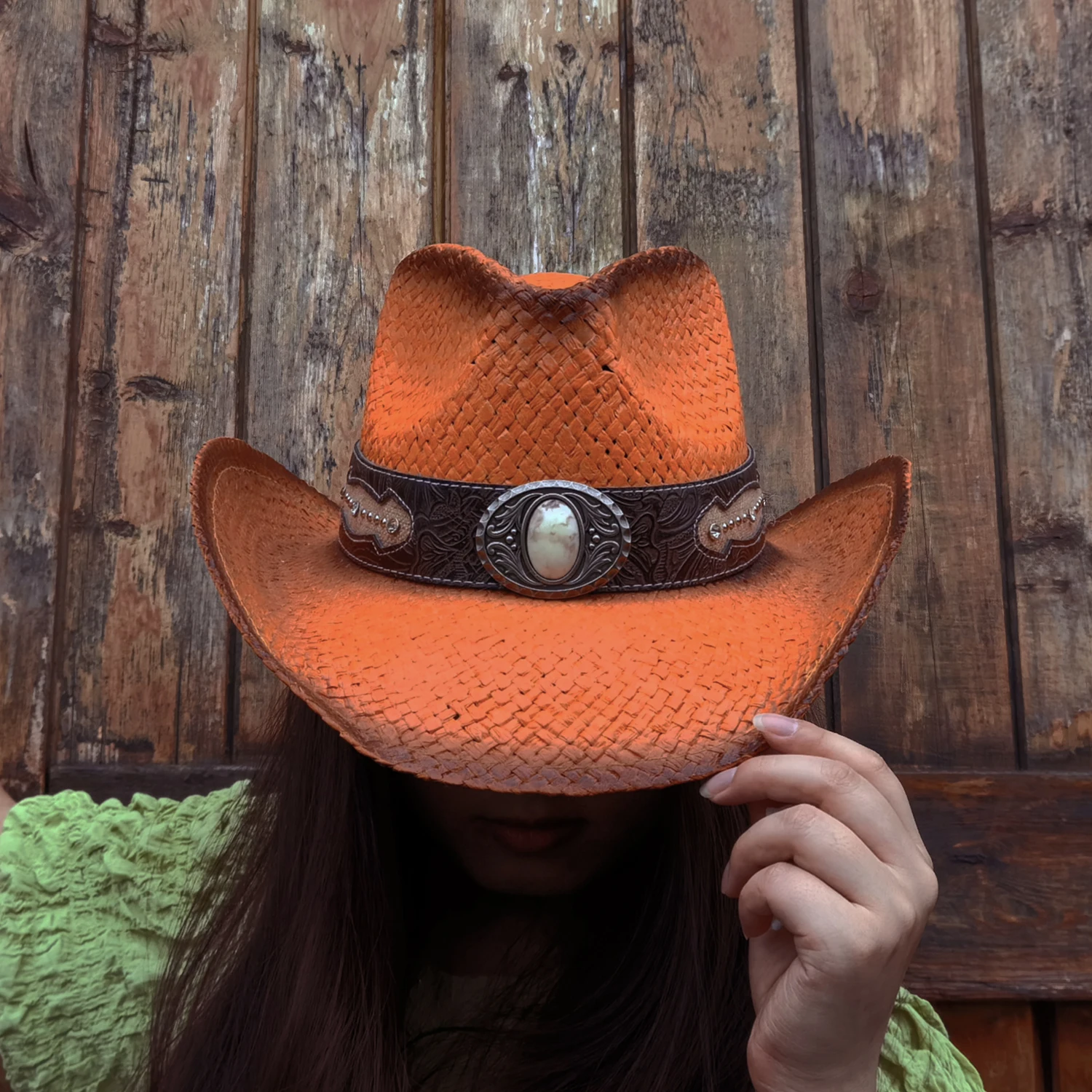 C.C Orange Straw Western Hat with Beaded Trim UPF 50+ Cato Fashions | Cato Beaded Trim Straw Cowboy Hat main image 2