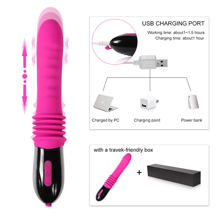 10 Frequency Rechargeable Rechargeable Handheld Rotating Beads Telescopic Dildo Vibrator for G Spot Stimulation