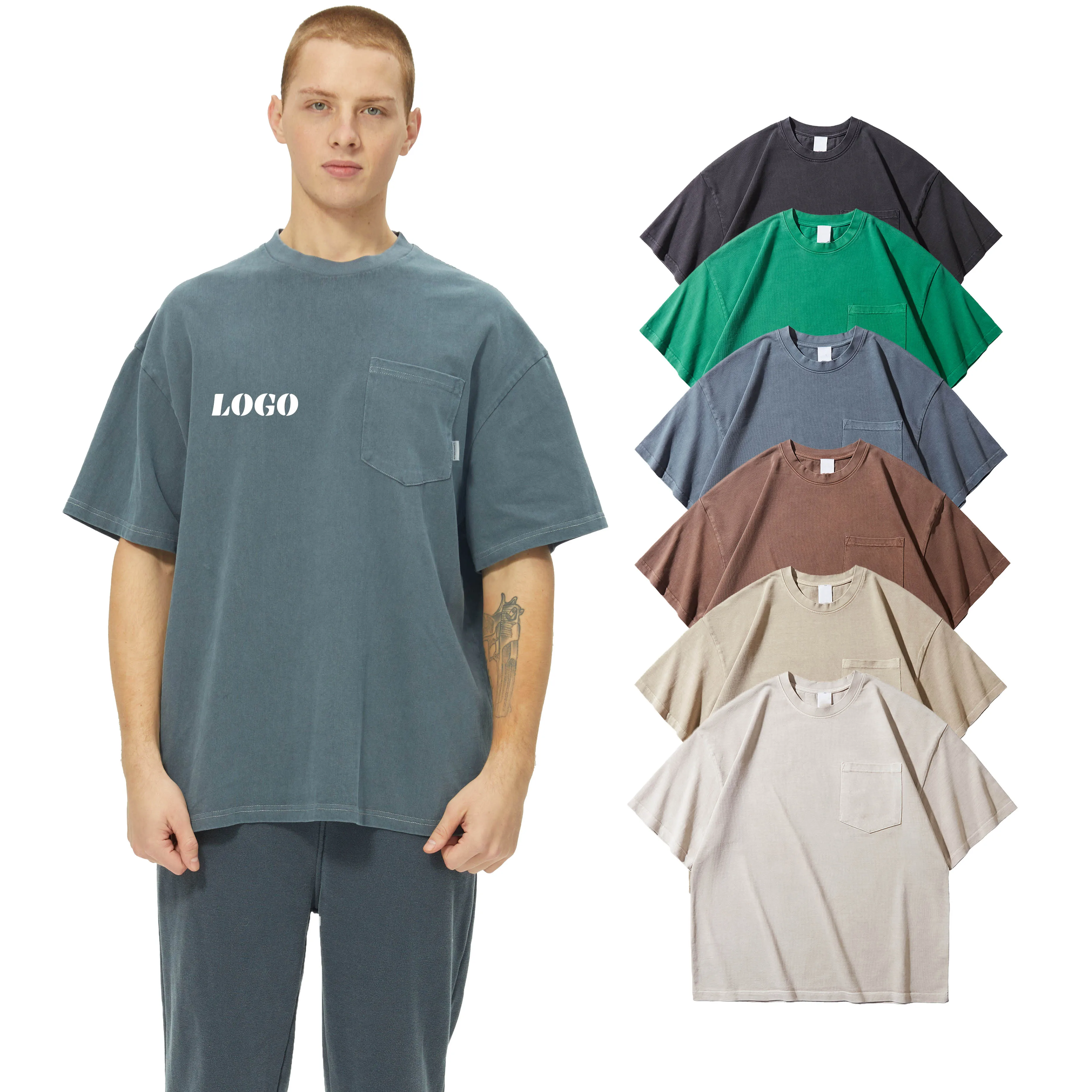 DUOLLB 320G Heavyweight Short Sleeve T-shirt With Pocket Vintage US Size Custom 100% Cotton  Custom Logo Washed T-shirt for Men