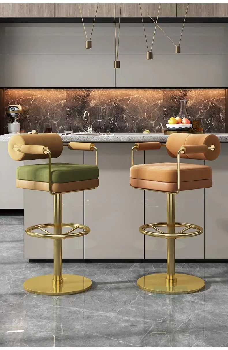 Nordic Modern Metal Velvet bar Stool Coffee Shop Bar Front Desk Chair Stainless Steel Velvet Counter Stool High Foot Bar Chair