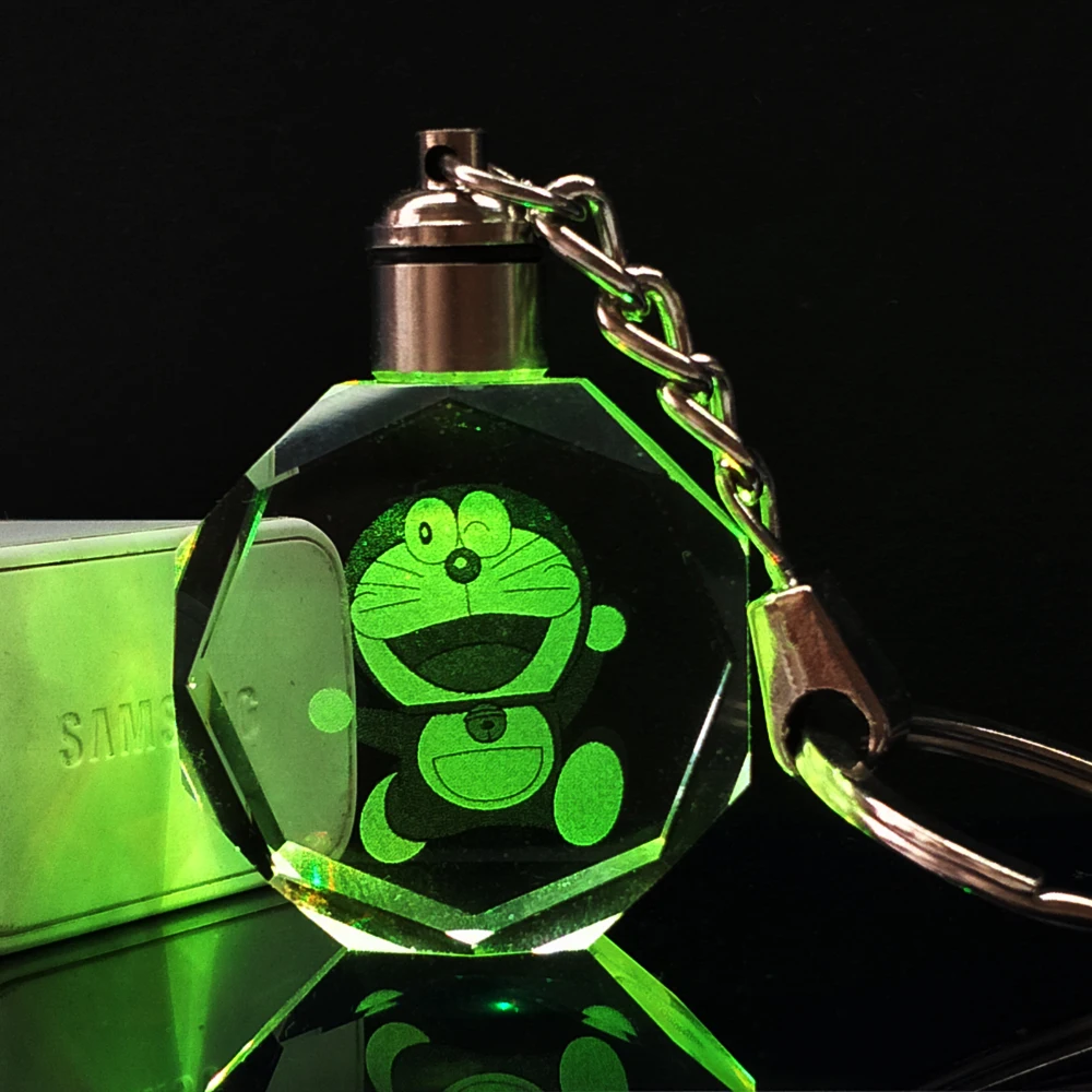 Custom Design Carton Figure Doraemon Laser Inside Crystal Glass Keychain Key Ring Holder Souvenir Gift  Promotion Kids Gift