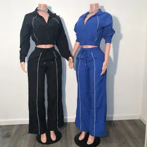Manufacturer Trending Long Sleeve Activewear Zip up Crop Jacket Baggy Pants Two Piece Set Custom logo Nylon Tracksuits for Women