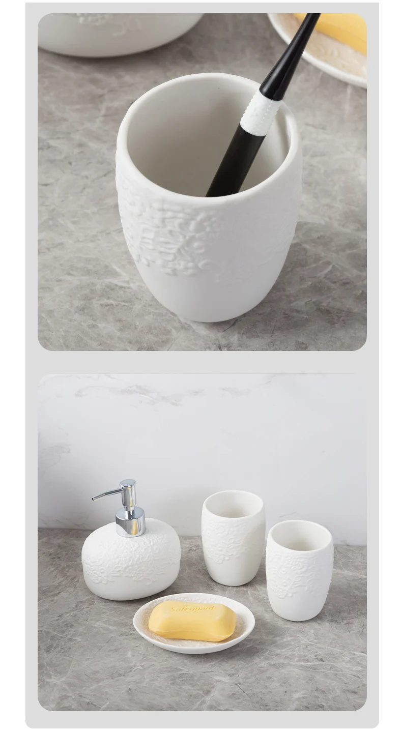 Ceramic White Bathroom Accessories Set With Embossed Design 4pcs