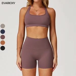 Ladies' High Waist Shorts Yoga Bra Short Set Breathable Fitness Sports Clothing Solid Back Beauty Design Workout Sets for Women