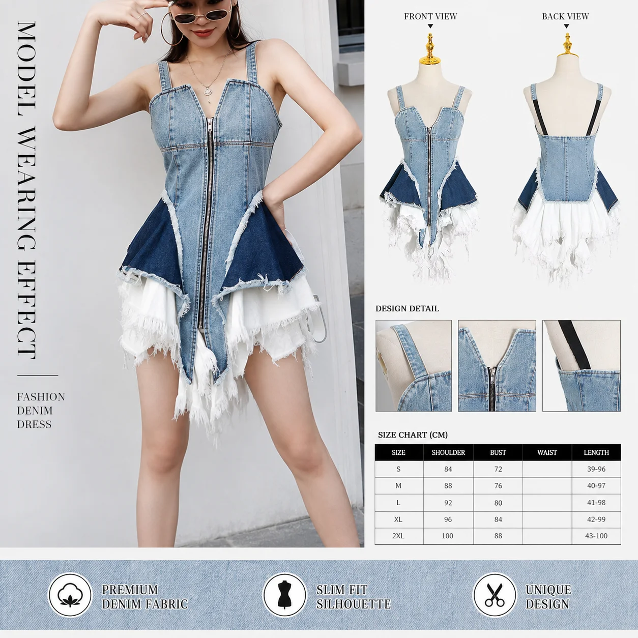 Sleeveless Shoulder Ladies Slim Dress for Spring Summer Denim Solid Pattern Tassel Decoration Natural Waistline Digital Printing