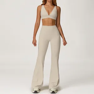 Women's Fashion Sports Suit Bra Flared Pants Two-piece Set Elastic Skin Friendly Running Fitness Yoga Set