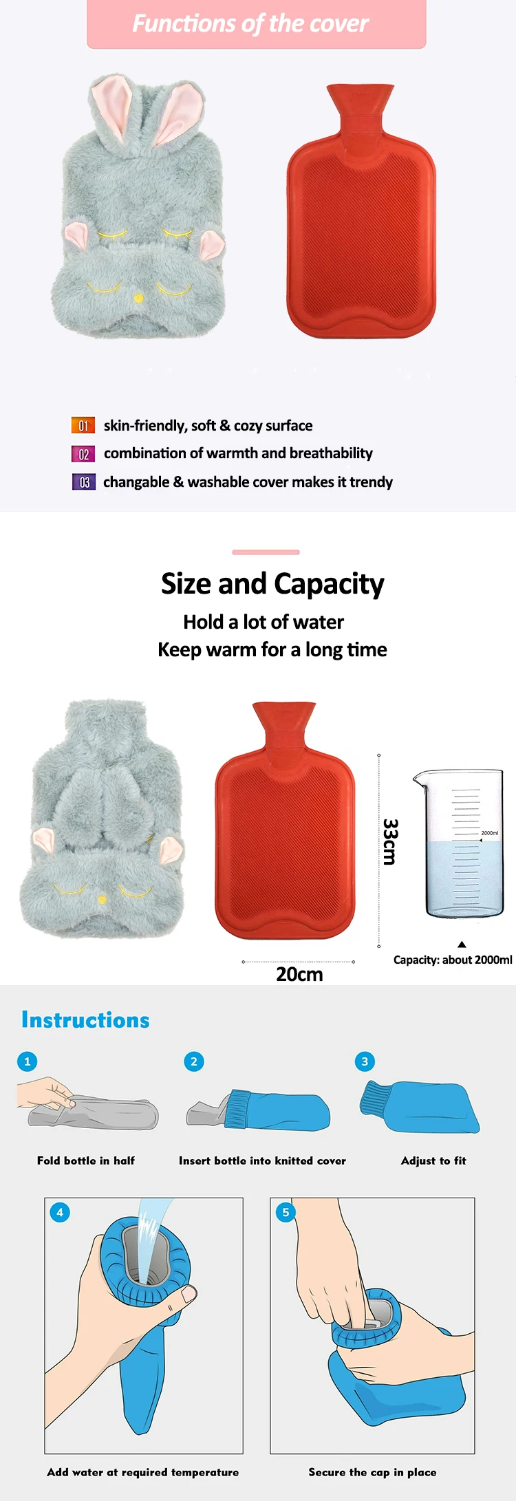 New Design Body Hand Warmer Rubber Hot Water Bottle Bag Cute Cover with Eye Mask Gift Set